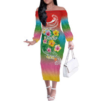 Hawaii Aloha Tropical Leaves and Flower Off The Shoulder Long Sleeve Dress with Polynesian Art Tattoo Rainbow Color LT03 Women Rainbow - Polynesian Pride