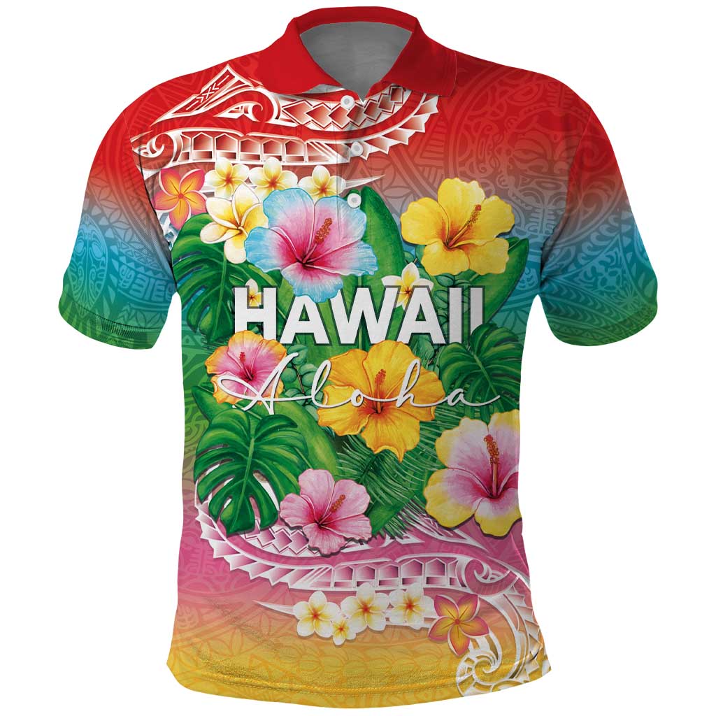 Hawaii Aloha Tropical Leaves and Flower Polo Shirt with Polynesian Art Tattoo Rainbow Color LT03 Rainbow - Polynesian Pride