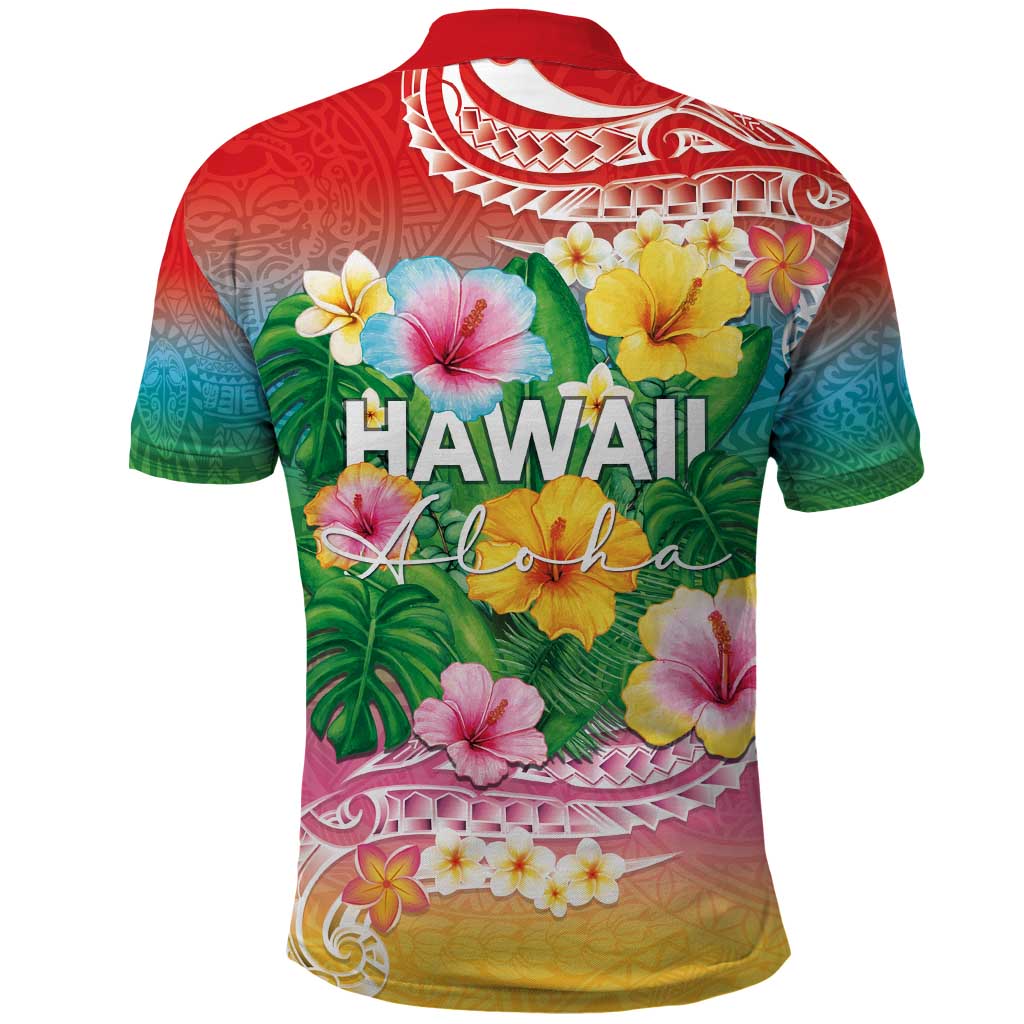 Hawaii Aloha Tropical Leaves and Flower Polo Shirt with Polynesian Art Tattoo Rainbow Color LT03 - Polynesian Pride