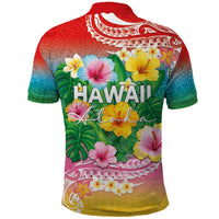 Hawaii Aloha Tropical Leaves and Flower Polo Shirt with Polynesian Art Tattoo Rainbow Color LT03 - Polynesian Pride