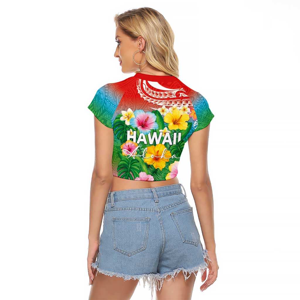 Hawaii Aloha Tropical Leaves and Flower Raglan Cropped T Shirt with Polynesian Art Tattoo Rainbow Color LT03 - Polynesian Pride