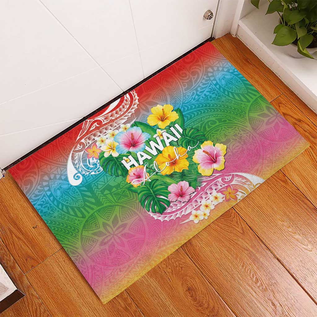 Hawaii Aloha Tropical Leaves and Flower Rubber Doormat with Polynesian Art Tattoo Rainbow Color - Polynesian Pride