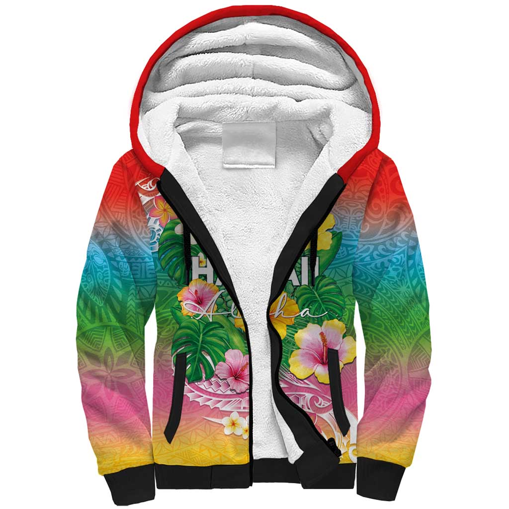 Hawaii Aloha Tropical Leaves and Flower Sherpa Hoodie with Polynesian Art Tattoo Rainbow Color LT03 Unisex Rainbow - Polynesian Pride