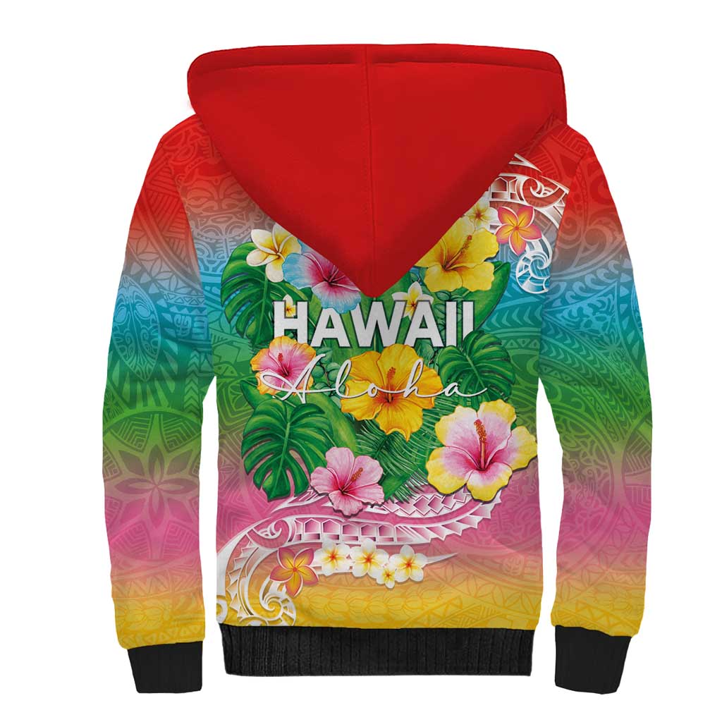 Hawaii Aloha Tropical Leaves and Flower Sherpa Hoodie with Polynesian Art Tattoo Rainbow Color LT03 - Polynesian Pride