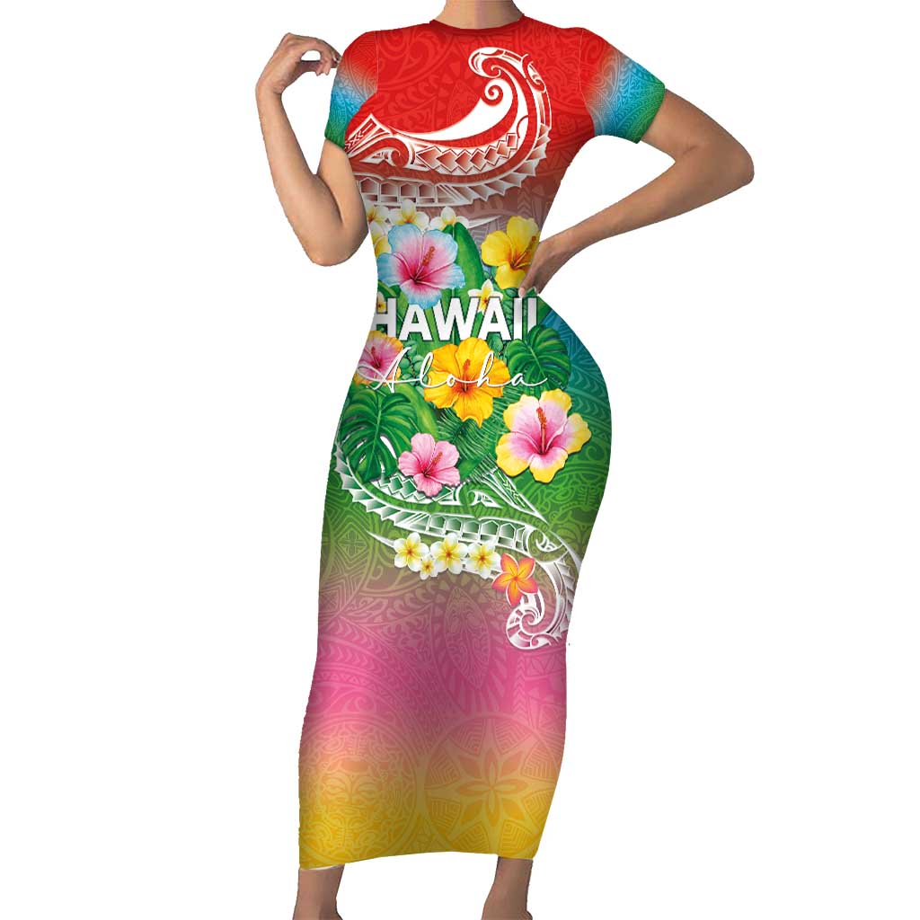 Hawaii Aloha Tropical Leaves and Flower Short Sleeve Bodycon Dress with Polynesian Art Tattoo Rainbow Color LT03 Long Dress Rainbow - Polynesian Pride