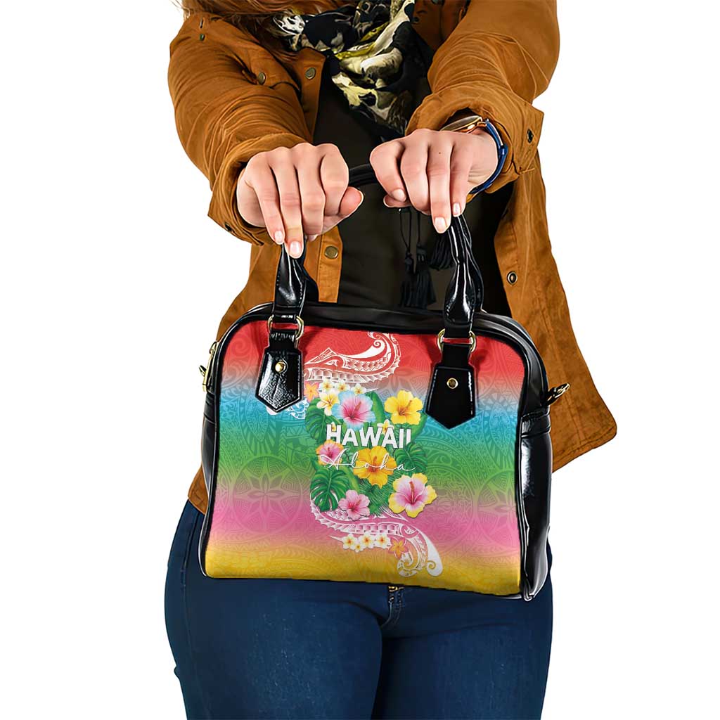 Hawaii Aloha Tropical Leaves and Flower Shoulder Handbag with Polynesian Art Tattoo Rainbow Color LT03 One Size Rainbow - Polynesian Pride