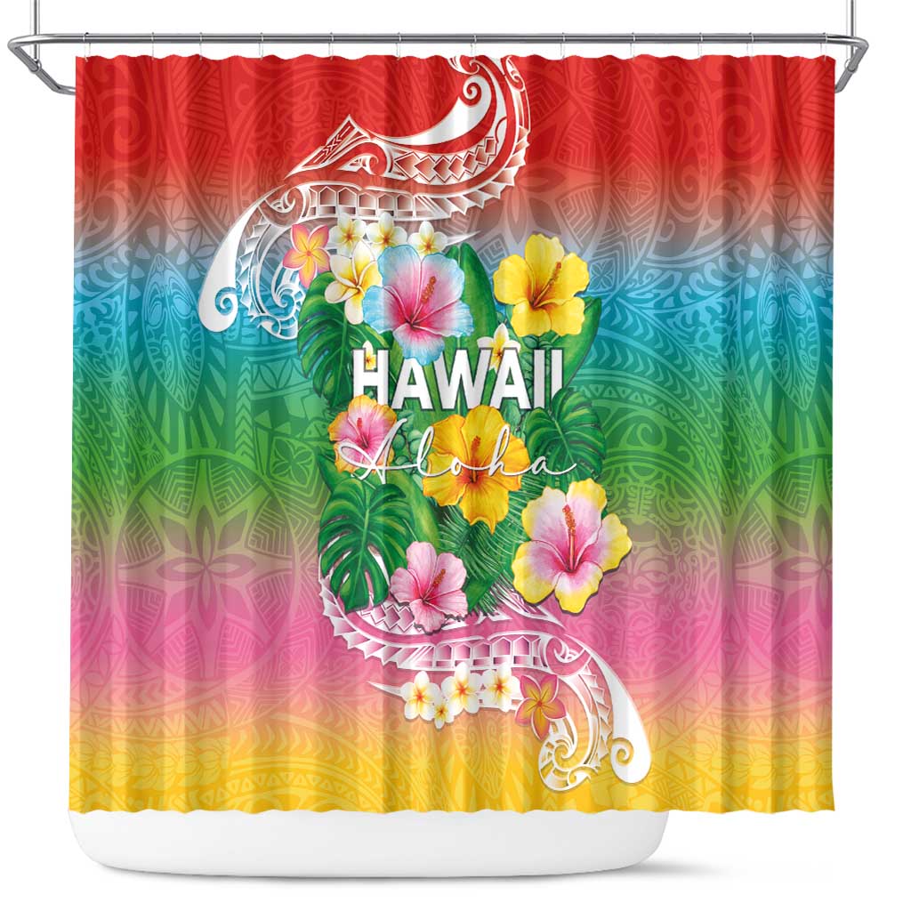 Hawaii Aloha Tropical Leaves and Flower Shower Curtain with Polynesian Art Tattoo Rainbow Color LT03 Rainbow - Polynesian Pride