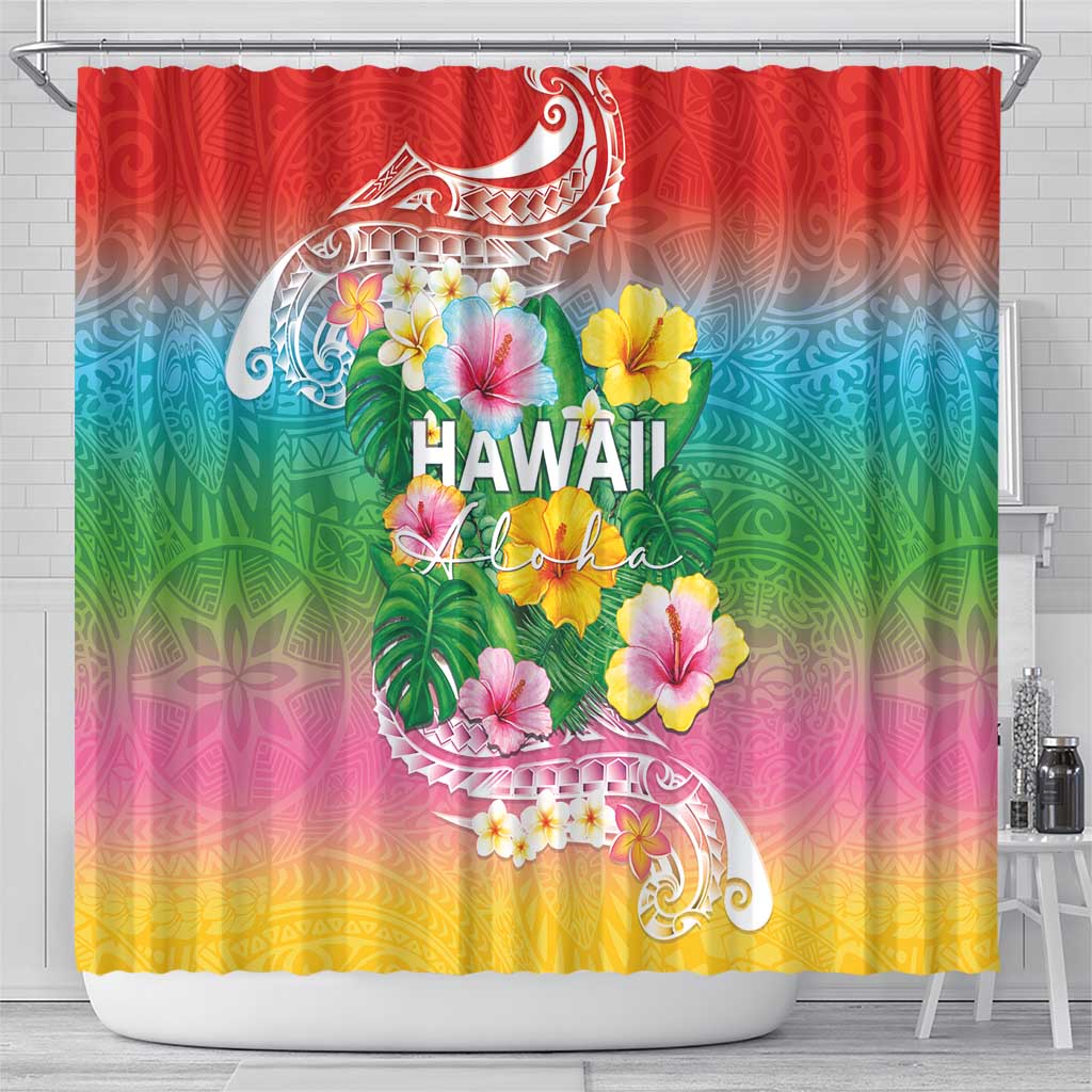 Hawaii Aloha Tropical Leaves and Flower Shower Curtain with Polynesian Art Tattoo Rainbow Color LT03 - Polynesian Pride