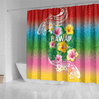 Hawaii Aloha Tropical Leaves and Flower Shower Curtain with Polynesian Art Tattoo Rainbow Color LT03 - Polynesian Pride