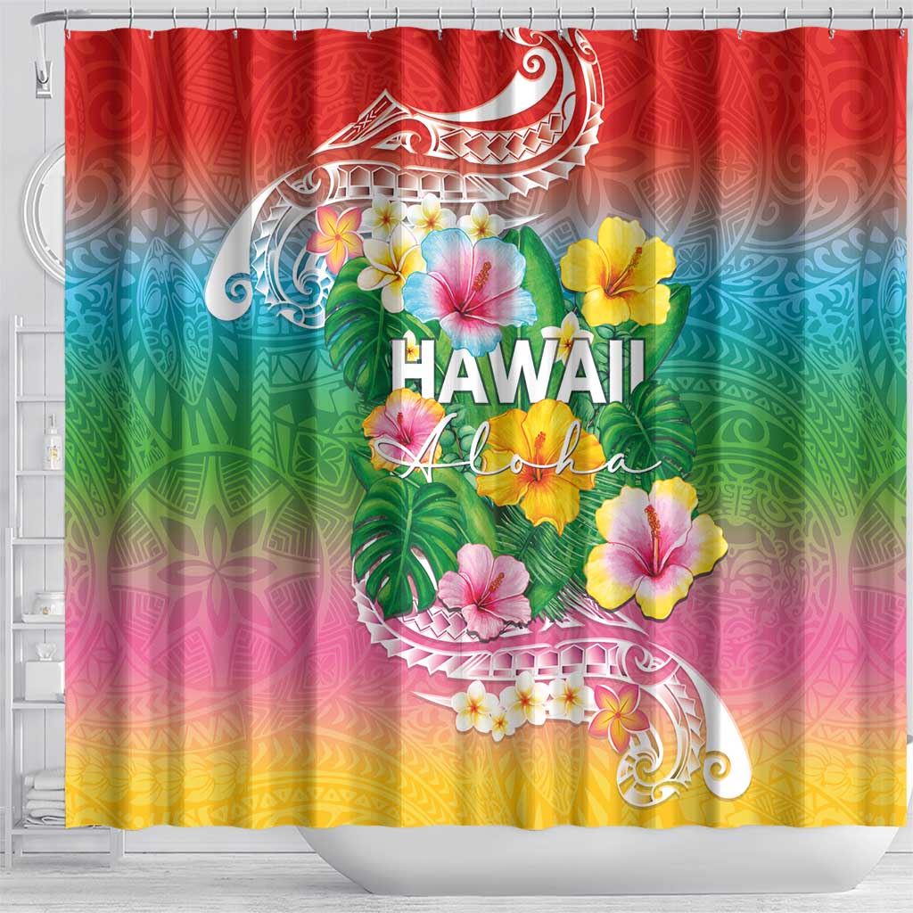 Hawaii Aloha Tropical Leaves and Flower Shower Curtain with Polynesian Art Tattoo Rainbow Color LT03 - Polynesian Pride