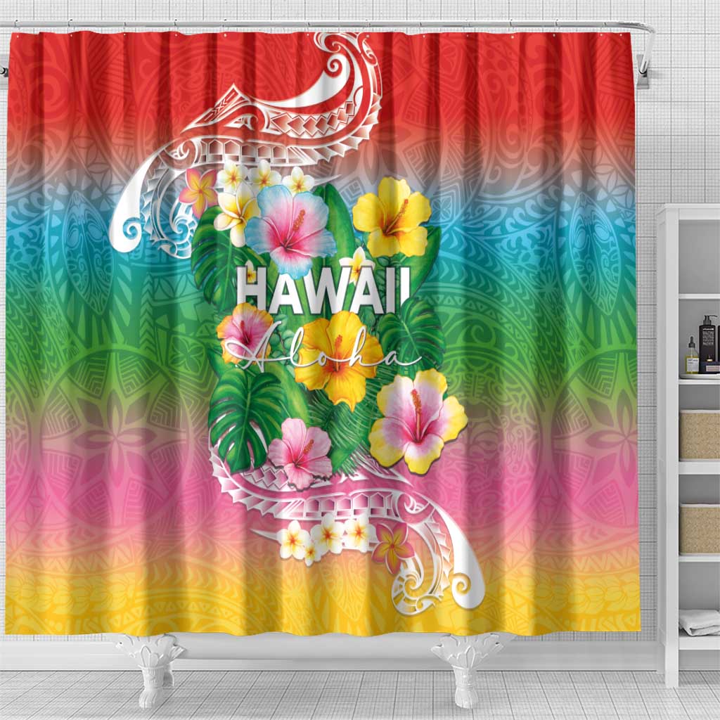 Hawaii Aloha Tropical Leaves and Flower Shower Curtain with Polynesian Art Tattoo Rainbow Color LT03 - Polynesian Pride