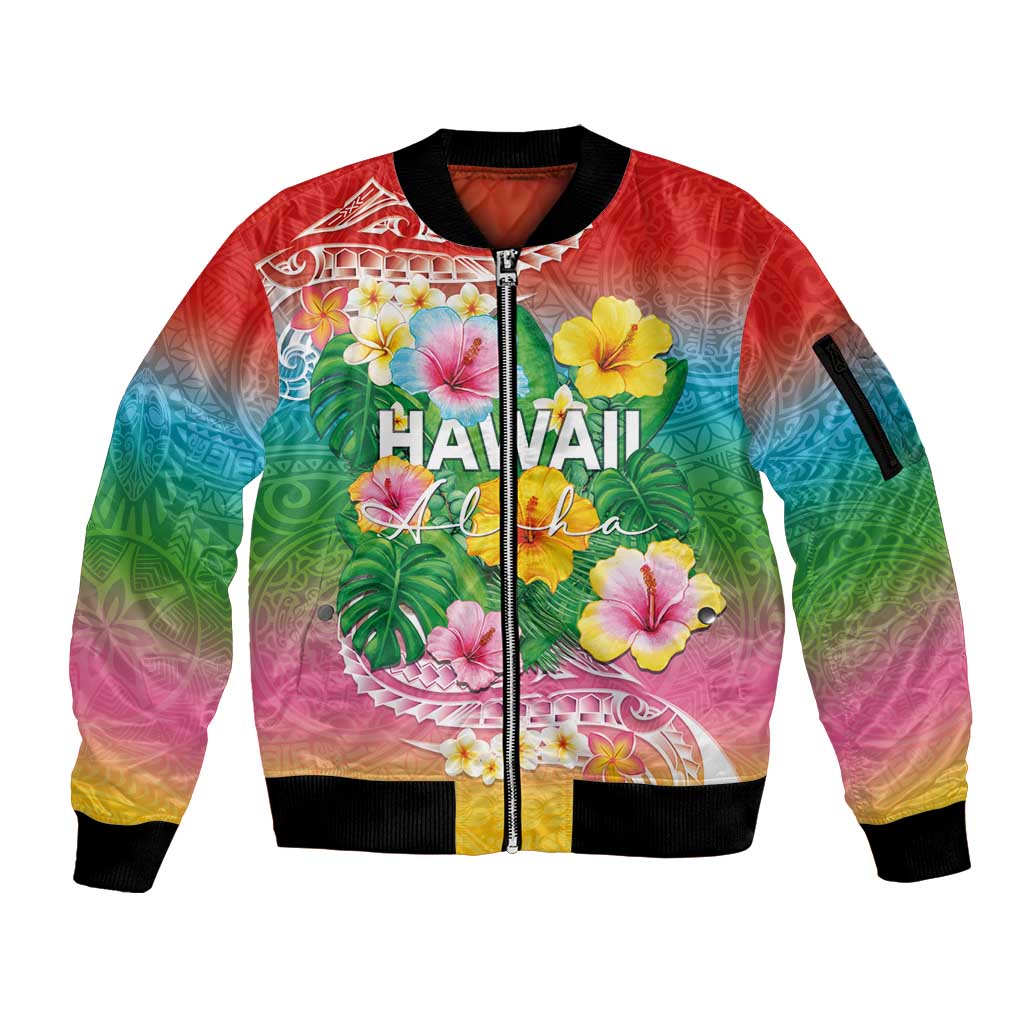 Hawaii Aloha Tropical Leaves and Flower Sleeve Zip Bomber Jacket with Polynesian Art Tattoo Rainbow Color LT03 Unisex Rainbow - Polynesian Pride