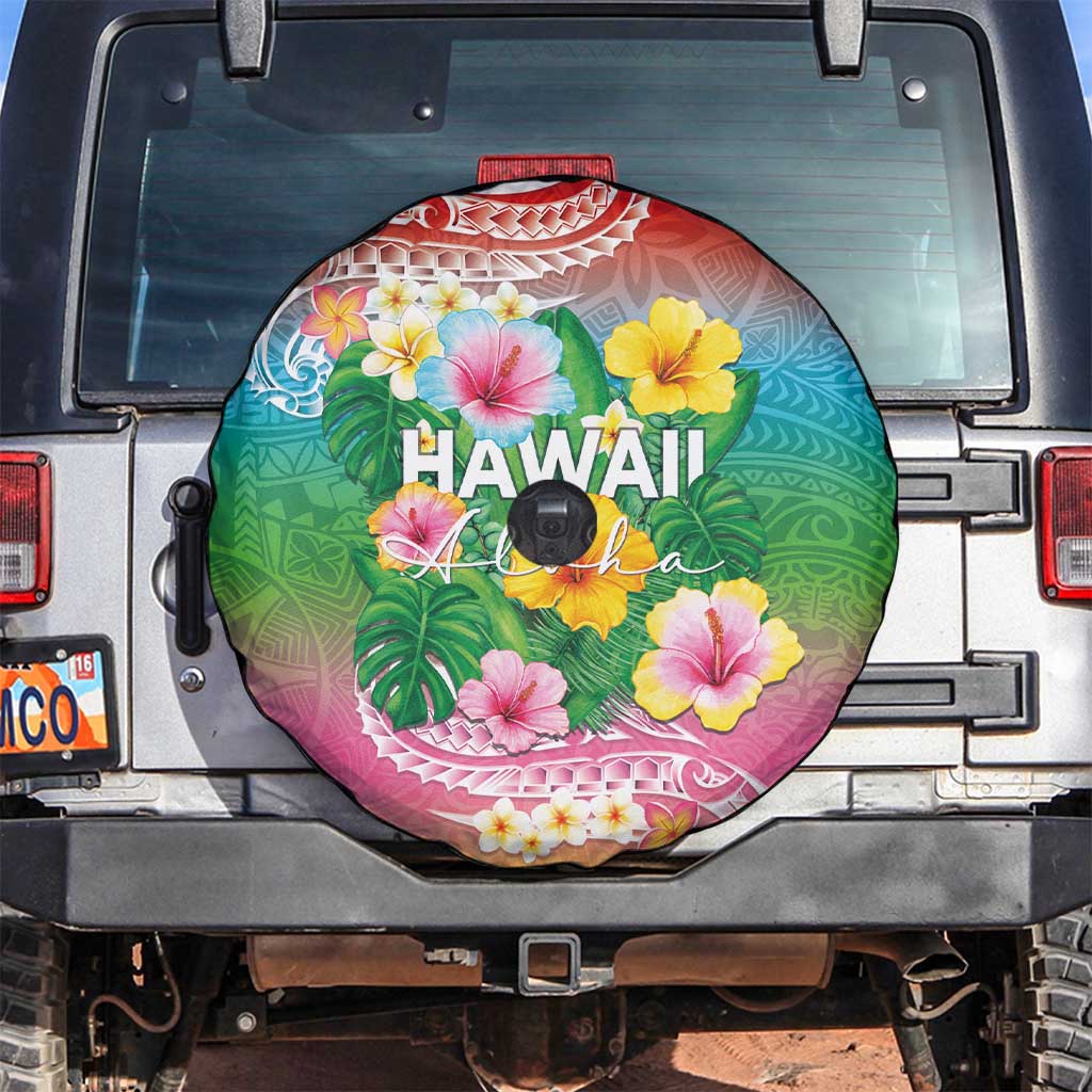 Hawaii Aloha Tropical Leaves and Flower Spare Tire Cover with Polynesian Art Tattoo Rainbow Color LT03 Rainbow - Polynesian Pride