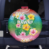 Hawaii Aloha Tropical Leaves and Flower Spare Tire Cover with Polynesian Art Tattoo Rainbow Color LT03 No hole Rainbow - Polynesian Pride