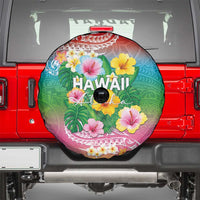 Hawaii Aloha Tropical Leaves and Flower Spare Tire Cover with Polynesian Art Tattoo Rainbow Color LT03 - Polynesian Pride