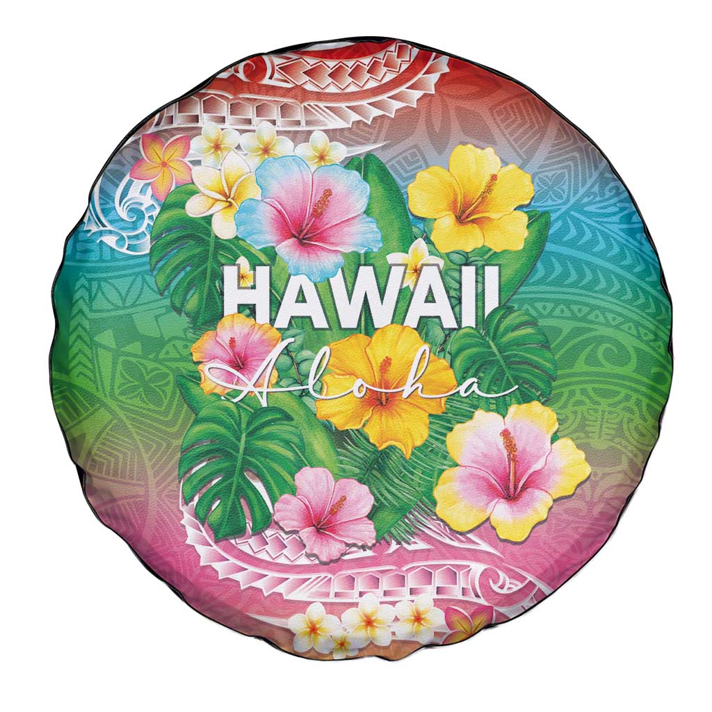 Hawaii Aloha Tropical Leaves and Flower Spare Tire Cover with Polynesian Art Tattoo Rainbow Color LT03 - Polynesian Pride