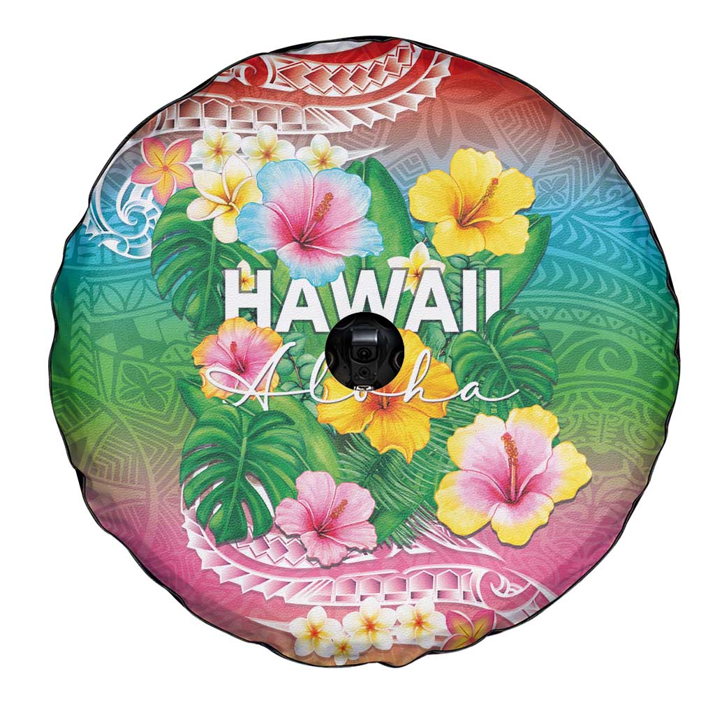 Hawaii Aloha Tropical Leaves and Flower Spare Tire Cover with Polynesian Art Tattoo Rainbow Color LT03 - Polynesian Pride