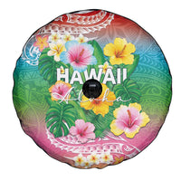 Hawaii Aloha Tropical Leaves and Flower Spare Tire Cover with Polynesian Art Tattoo Rainbow Color LT03 - Polynesian Pride
