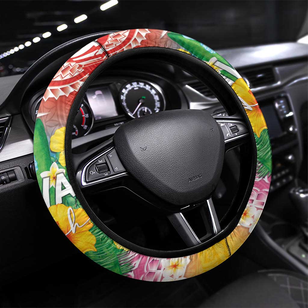 Hawaii Aloha Tropical Leaves and Flower Steering Wheel Cover with Polynesian Art Tattoo Rainbow Color LT03 Universal Fit Rainbow - Polynesian Pride