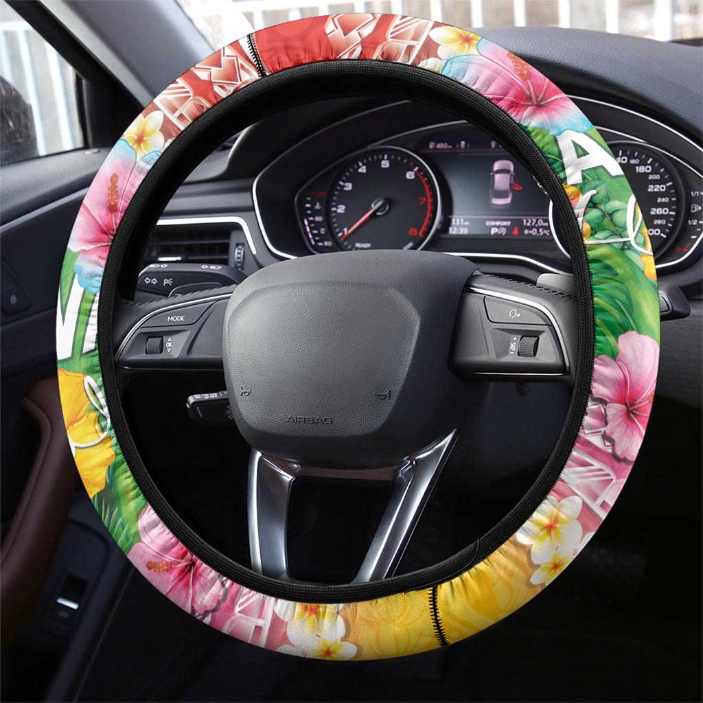 Hawaii Aloha Tropical Leaves and Flower Steering Wheel Cover with Polynesian Art Tattoo Rainbow Color LT03 - Polynesian Pride