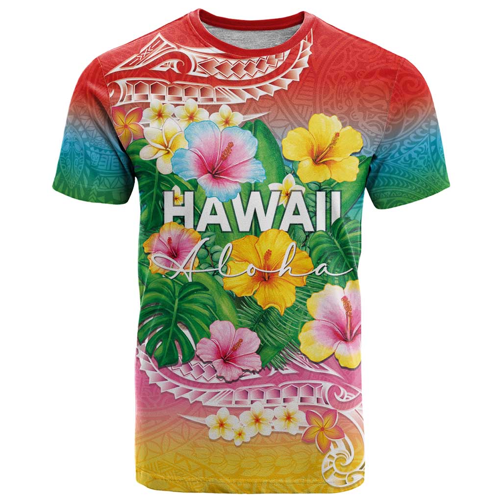 Hawaii Aloha Tropical Leaves and Flower T Shirt with Polynesian Art Tattoo Rainbow Color LT03 Rainbow - Polynesian Pride