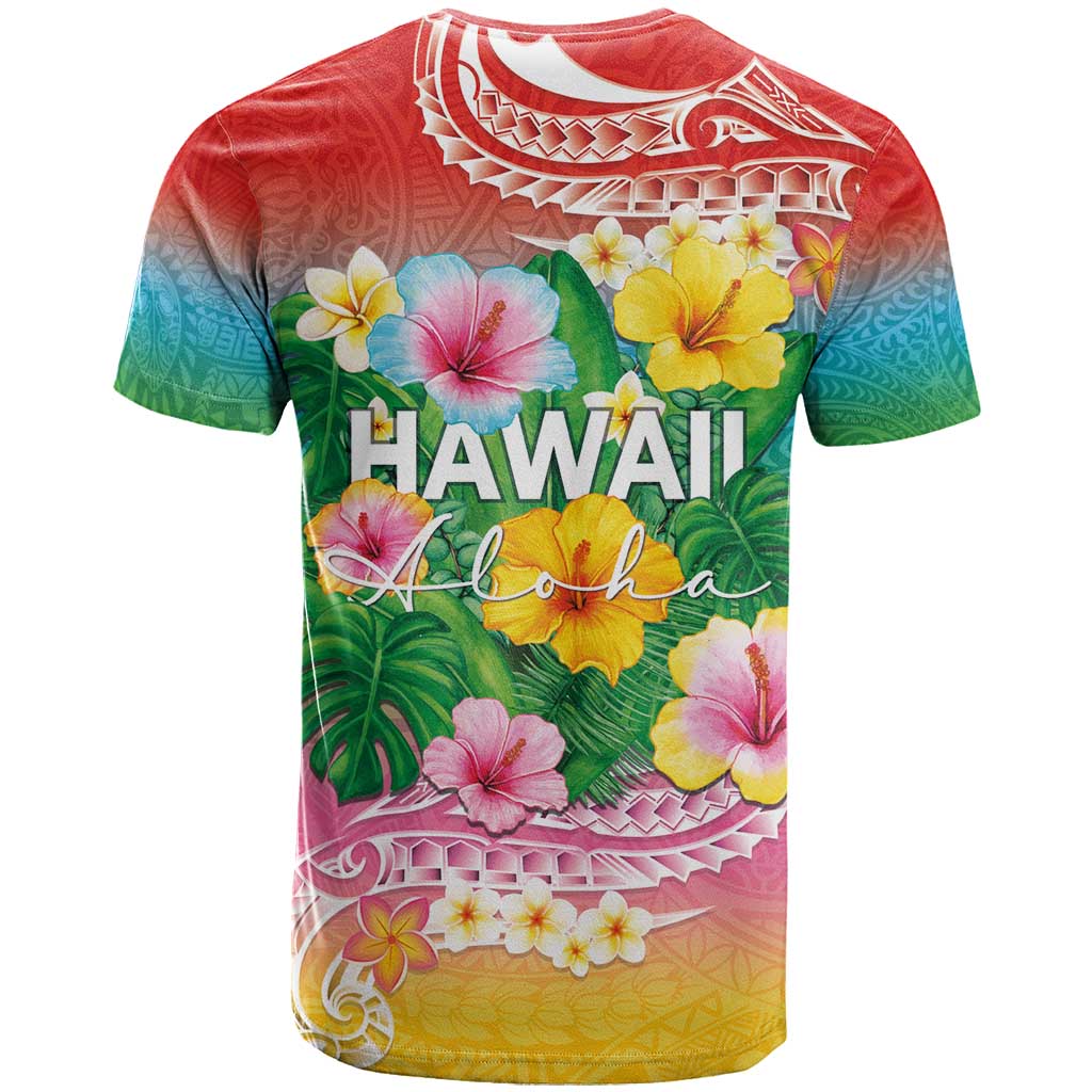 Hawaii Aloha Tropical Leaves and Flower T Shirt with Polynesian Art Tattoo Rainbow Color LT03 - Polynesian Pride
