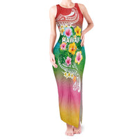 Hawaii Aloha Tropical Leaves and Flower Tank Maxi Dress with Polynesian Art Tattoo Rainbow Color LT03 Women Rainbow - Polynesian Pride