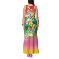 Hawaii Aloha Tropical Leaves and Flower Tank Maxi Dress with Polynesian Art Tattoo Rainbow Color LT03 - Polynesian Pride