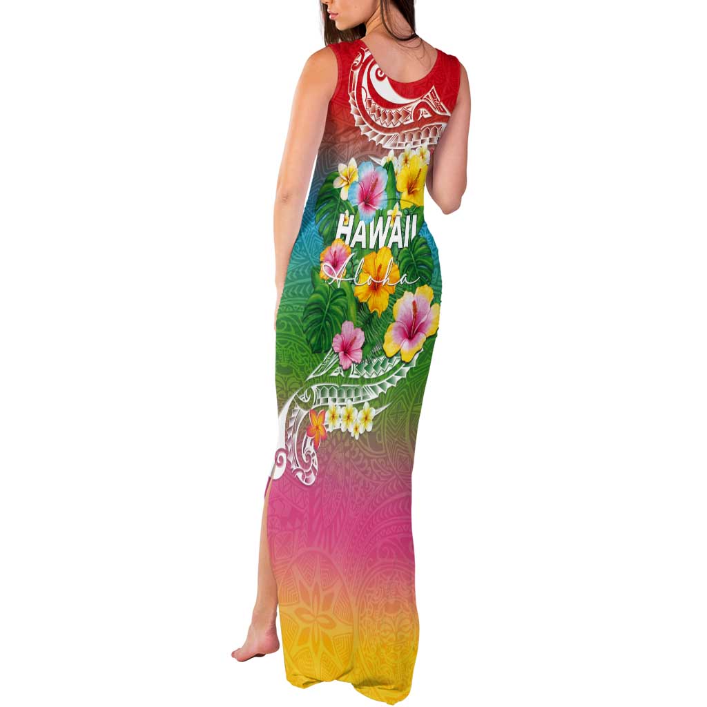 Hawaii Aloha Tropical Leaves and Flower Tank Maxi Dress with Polynesian Art Tattoo Rainbow Color LT03 - Polynesian Pride