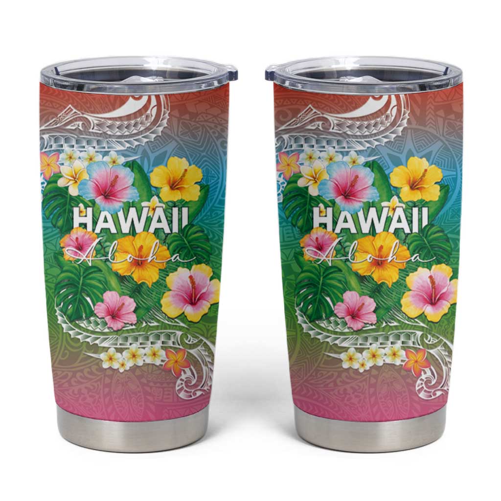 Hawaii Aloha Tropical Leaves and Flower Tumbler Cup with Polynesian Art Tattoo Rainbow Color LT03 Rainbow - Polynesian Pride