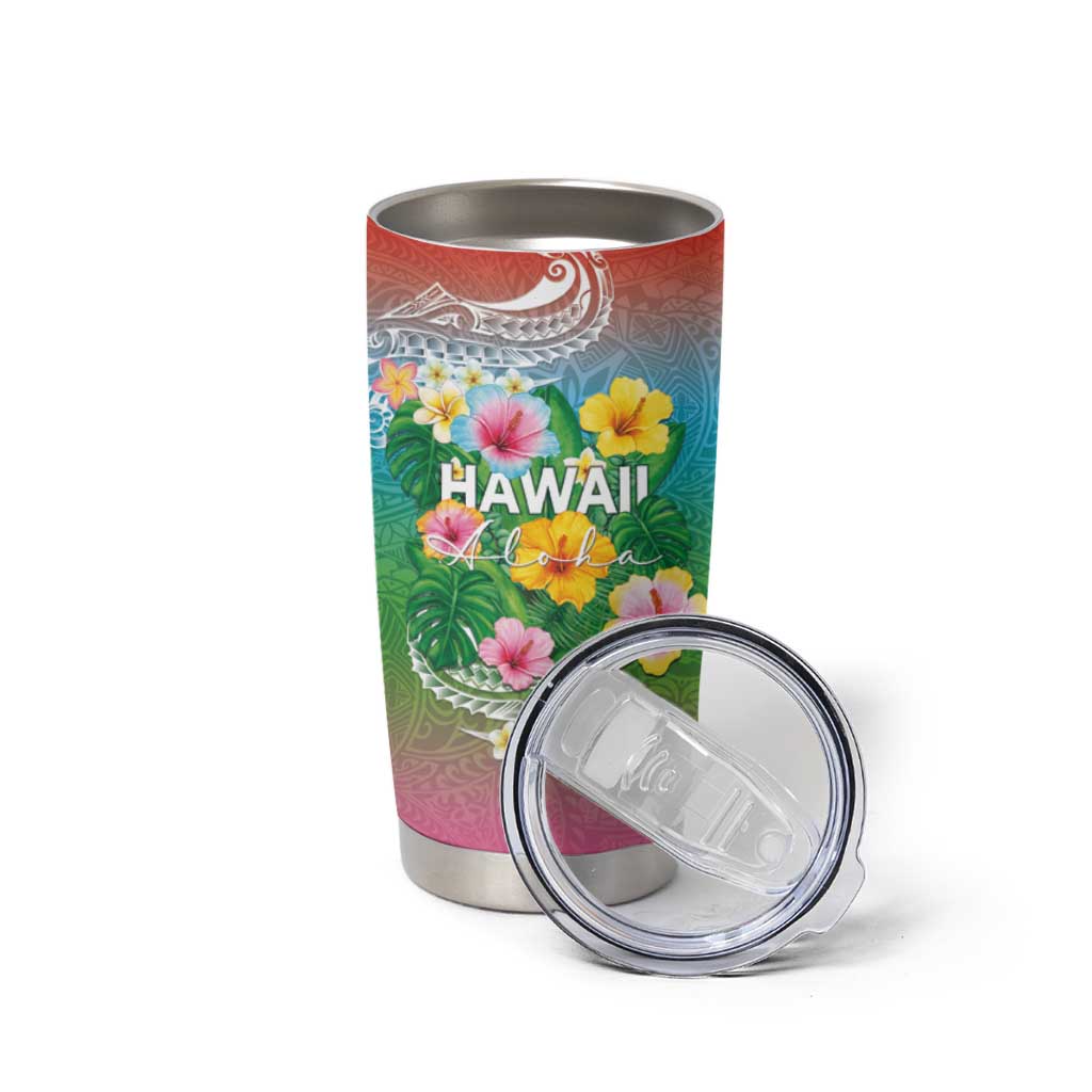 Hawaii Aloha Tropical Leaves and Flower Tumbler Cup with Polynesian Art Tattoo Rainbow Color LT03 - Polynesian Pride