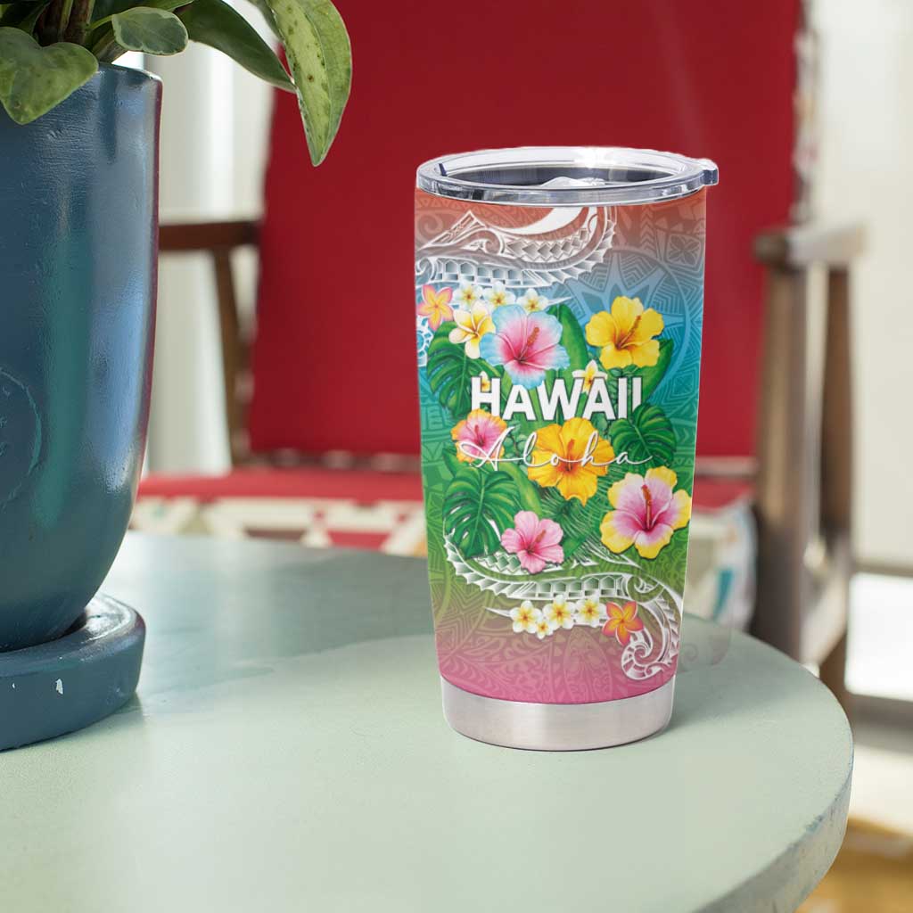 Hawaii Aloha Tropical Leaves and Flower Tumbler Cup with Polynesian Art Tattoo Rainbow Color LT03 - Polynesian Pride