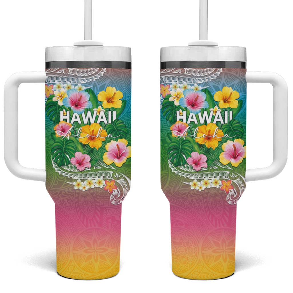 Hawaii Aloha Tropical Leaves and Flower Tumbler With Handle with Polynesian Art Tattoo Rainbow Color LT03 One Size: 40 oz Rainbow - Polynesian Pride