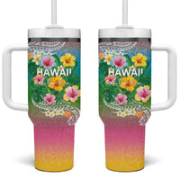 Hawaii Aloha Tropical Leaves and Flower Tumbler With Handle with Polynesian Art Tattoo Rainbow Color LT03 One Size: 40 oz Rainbow - Polynesian Pride