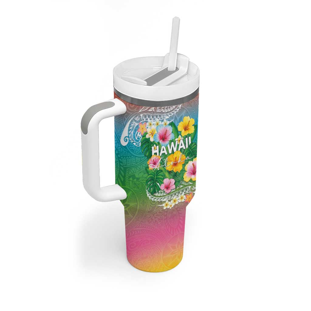 Hawaii Aloha Tropical Leaves and Flower Tumbler With Handle with Polynesian Art Tattoo Rainbow Color LT03 - Polynesian Pride