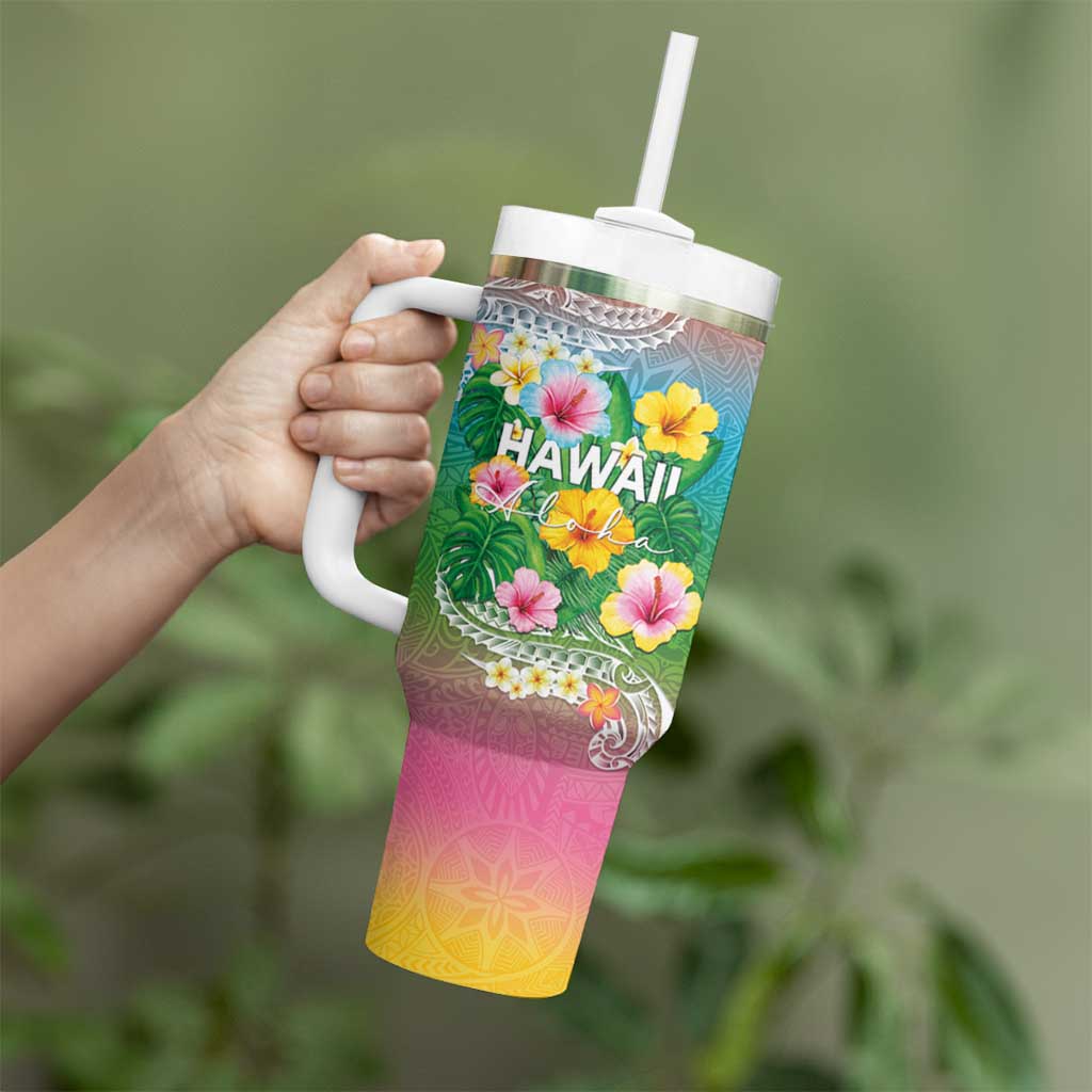 Hawaii Aloha Tropical Leaves and Flower Tumbler With Handle with Polynesian Art Tattoo Rainbow Color LT03 - Polynesian Pride