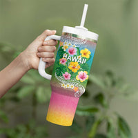 Hawaii Aloha Tropical Leaves and Flower Tumbler With Handle with Polynesian Art Tattoo Rainbow Color LT03 - Polynesian Pride