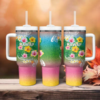 Hawaii Aloha Tropical Leaves and Flower Tumbler With Handle with Polynesian Art Tattoo Rainbow Color LT03 - Polynesian Pride