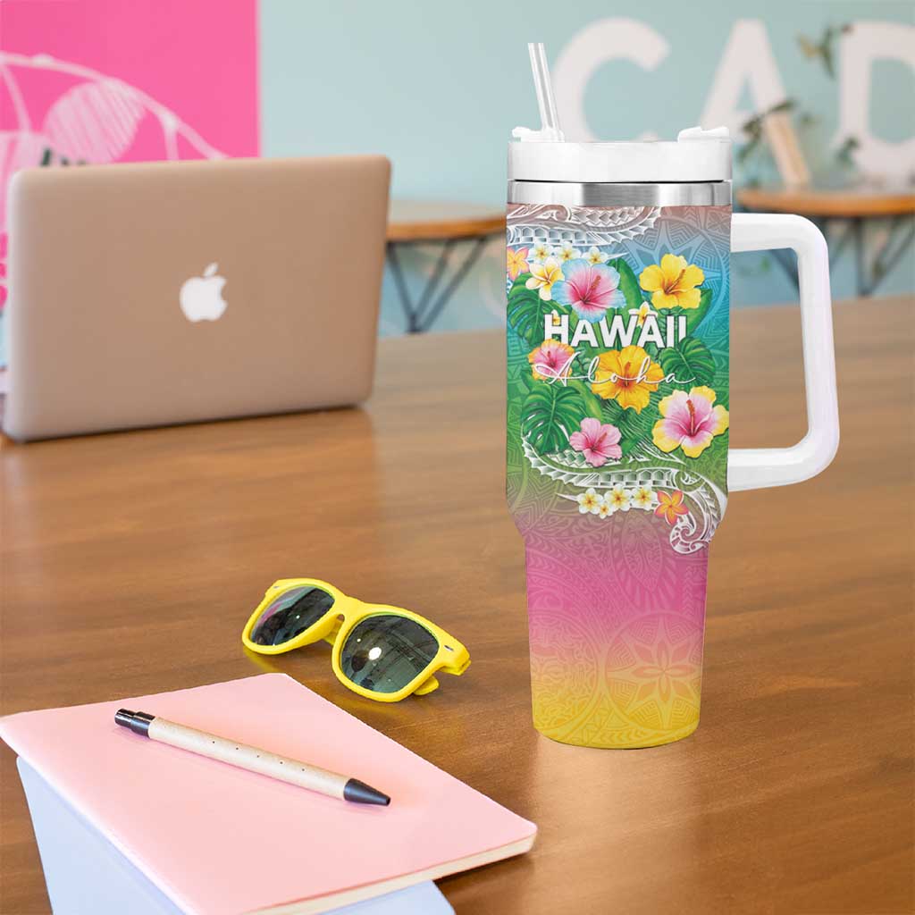 Hawaii Aloha Tropical Leaves and Flower Tumbler With Handle with Polynesian Art Tattoo Rainbow Color LT03 - Polynesian Pride