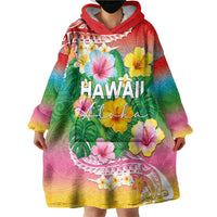 Hawaii Aloha Tropical Leaves and Flower Wearable Blanket Hoodie with Polynesian Art Tattoo Rainbow Color LT03 - Polynesian Pride
