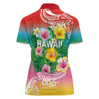 Hawaii Aloha Tropical Leaves and Flower Women Polo Shirt with Polynesian Art Tattoo Rainbow Color LT03 - Polynesian Pride
