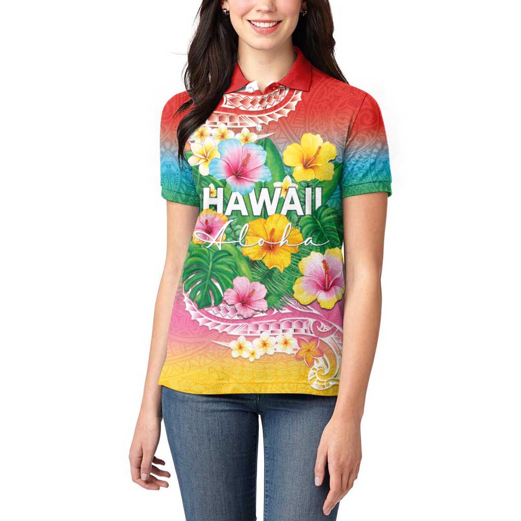 Hawaii Aloha Tropical Leaves and Flower Women Polo Shirt with Polynesian Art Tattoo Rainbow Color LT03 - Polynesian Pride