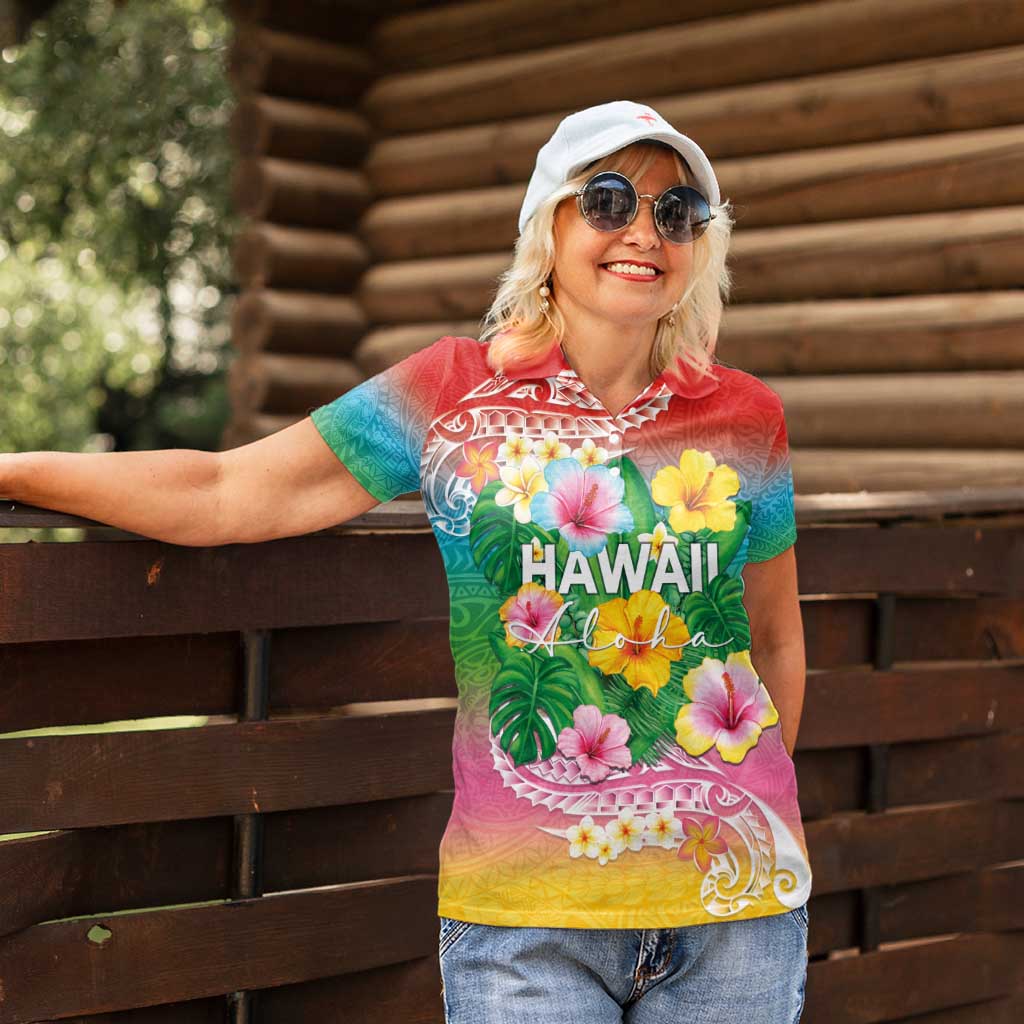 Hawaii Aloha Tropical Leaves and Flower Women Polo Shirt with Polynesian Art Tattoo Rainbow Color LT03 - Polynesian Pride