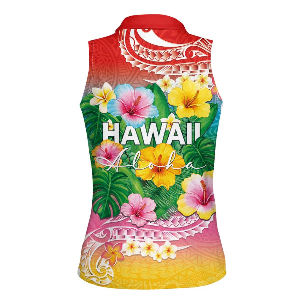 Hawaii Aloha Tropical Leaves and Flower Women Sleeveless Polo Shirt with Polynesian Art Tattoo Rainbow Color LT03 - Polynesian Pride