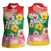 Hawaii Aloha Tropical Leaves and Flower Women Sleeveless Polo Shirt with Polynesian Art Tattoo Rainbow Color LT03 - Polynesian Pride