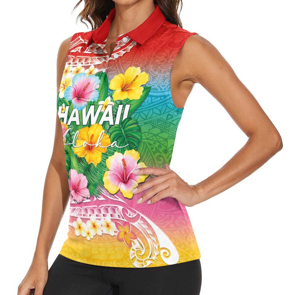 Hawaii Aloha Tropical Leaves and Flower Women Sleeveless Polo Shirt with Polynesian Art Tattoo Rainbow Color LT03 - Polynesian Pride