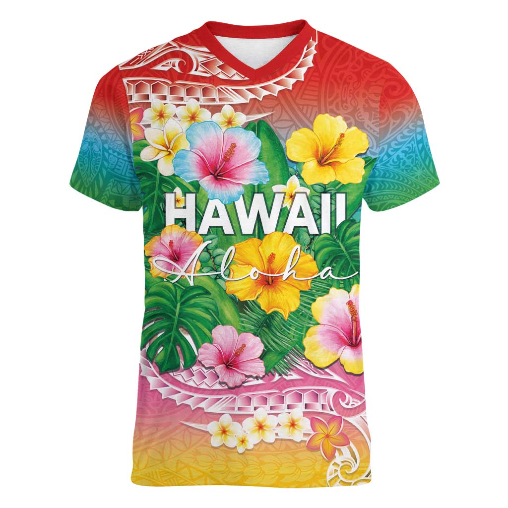 Hawaii Aloha Tropical Leaves and Flower Women V-Neck T-Shirt with Polynesian Art Tattoo Rainbow Color LT03 Female Rainbow - Polynesian Pride