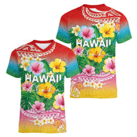 Hawaii Aloha Tropical Leaves and Flower Women V-Neck T-Shirt with Polynesian Art Tattoo Rainbow Color LT03 - Polynesian Pride