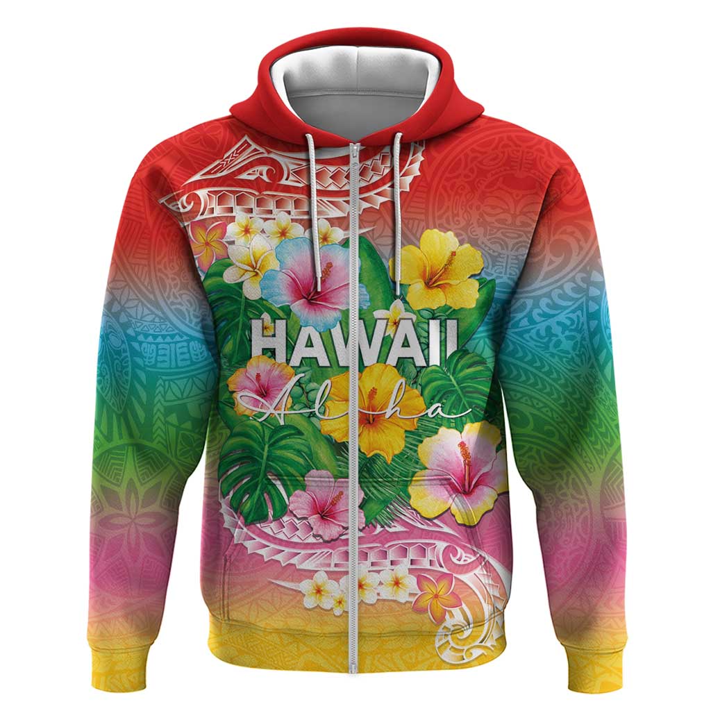 Hawaii Aloha Tropical Leaves and Flower Zip Hoodie with Polynesian Art Tattoo Rainbow Color LT03 Zip Hoodie Rainbow - Polynesian Pride