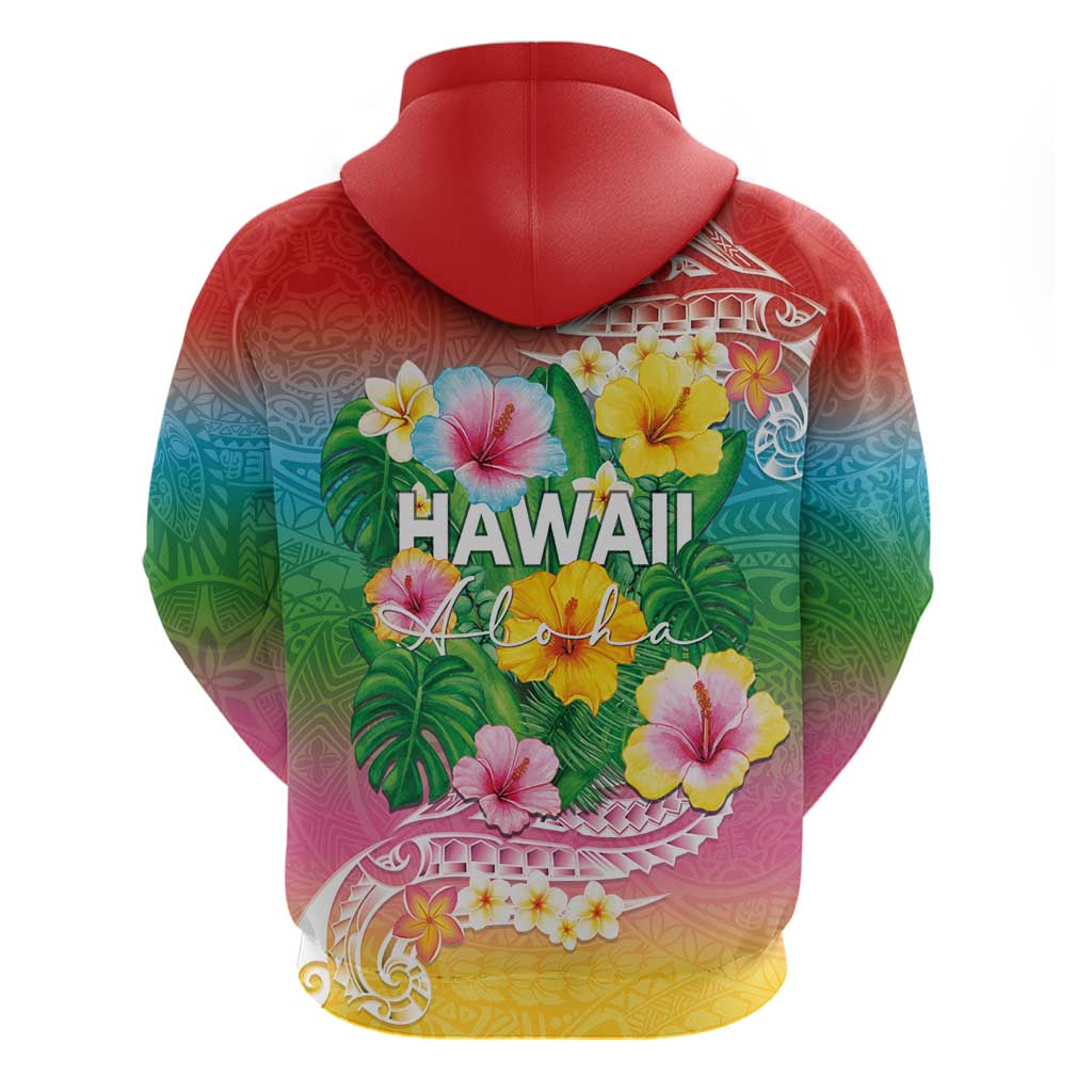 Hawaii Aloha Tropical Leaves and Flower Zip Hoodie with Polynesian Art Tattoo Rainbow Color LT03 - Polynesian Pride
